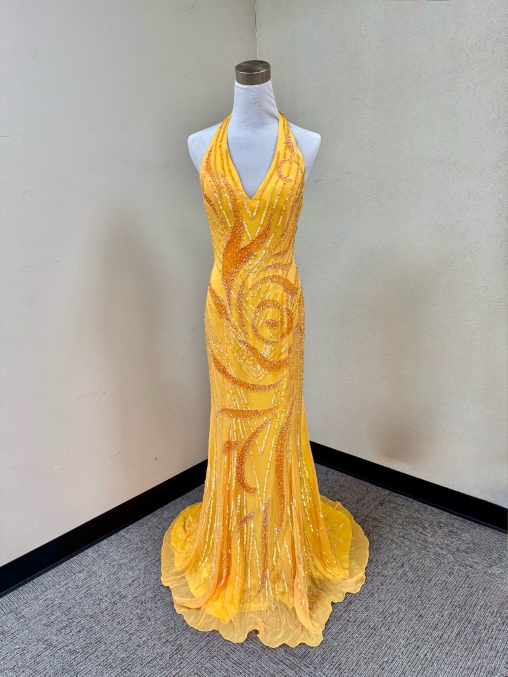 NWT Yellow Silk Beaded Halter Gown | Y2K Prom Formal Dress Size 12